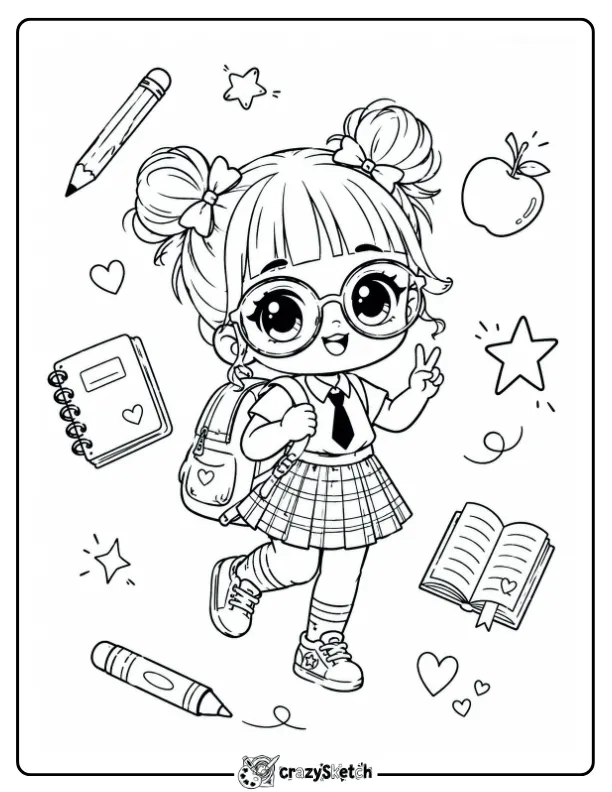 Back to School Girl Coloring Page with Books and School Supplies