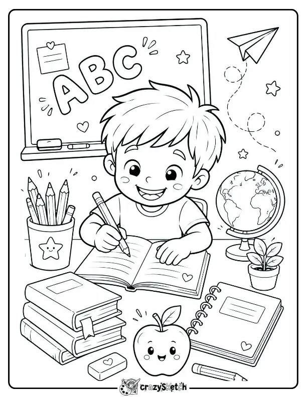 Boy Studying Back to School Coloring Page with Books and School Supplies