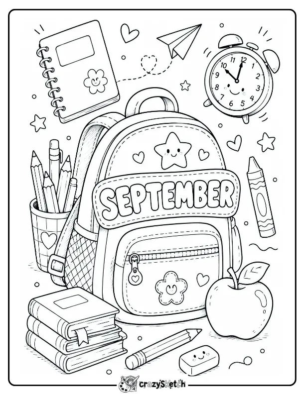 September School Backpack Coloring Page with Books and Apple