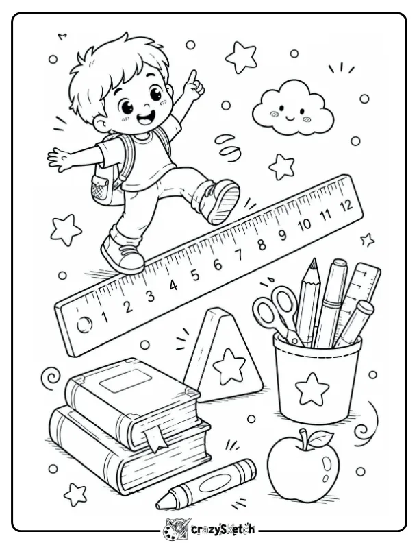 School Supplies and Child Back to School Coloring Page
