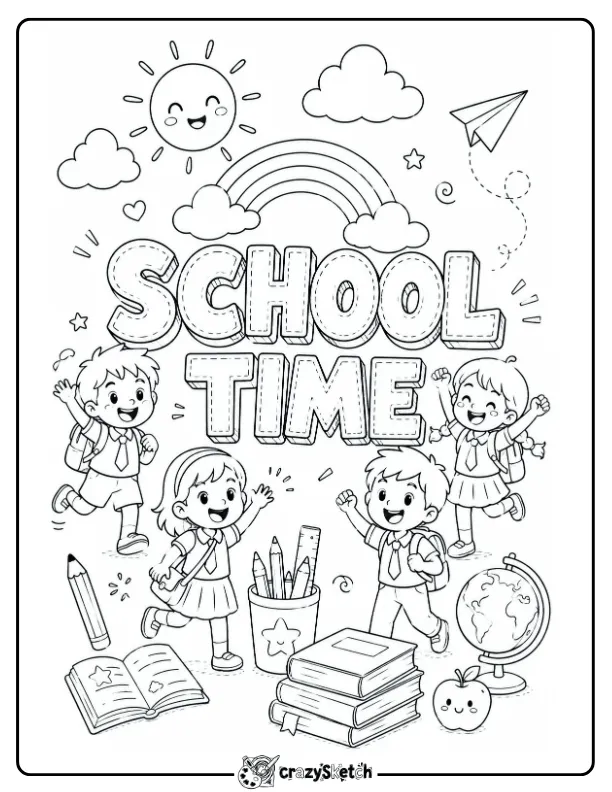 School Time Coloring Page with Children and School Supplies