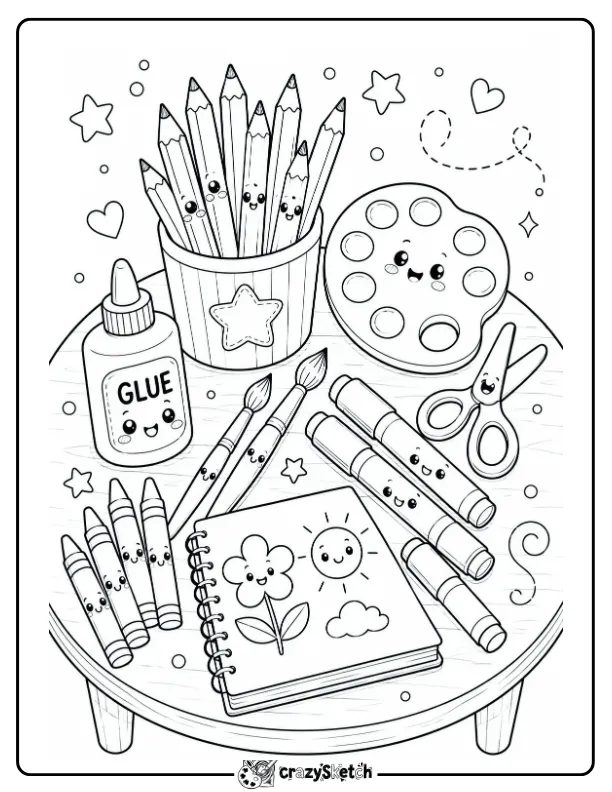 School Art Supplies Coloring Page with Pencils, Paint and Scissors