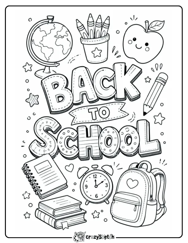 Back to School Coloring Page with Books, Backpack and School Supplies