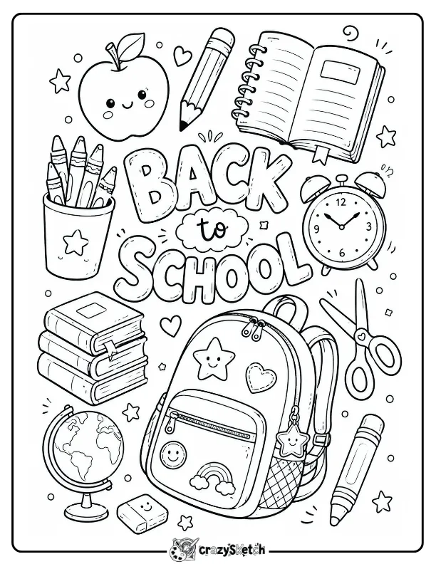 Back to School Coloring Page with Backpack, Apple and Books