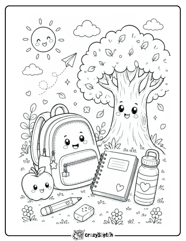Back to School Tree and Backpack Coloring Page