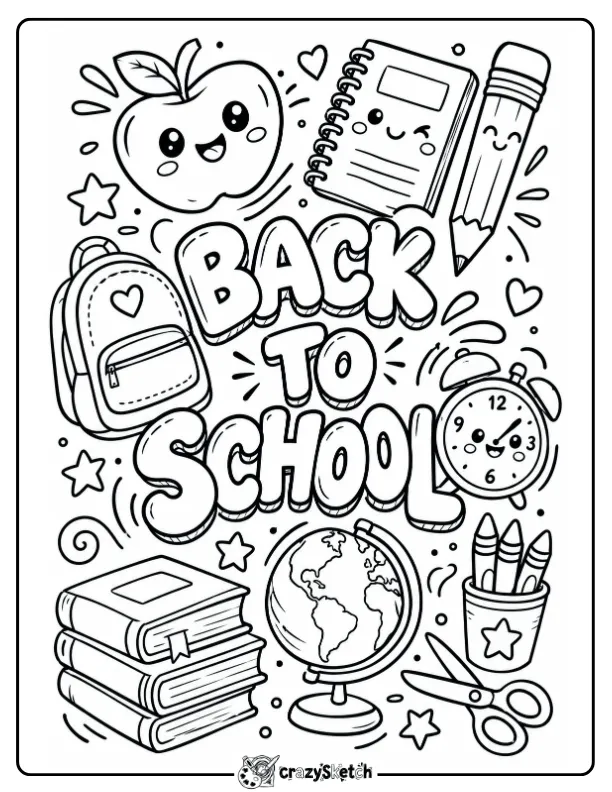 Back to School Coloring Page with Cute Apple, Backpack and Books