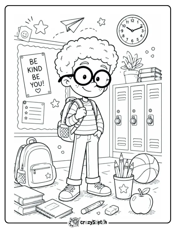 Back to School Student Coloring Page with Backpack and School Lockers