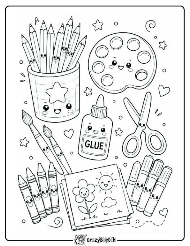 School Supplies Coloring Page with Pencils, Scissors and Notebook