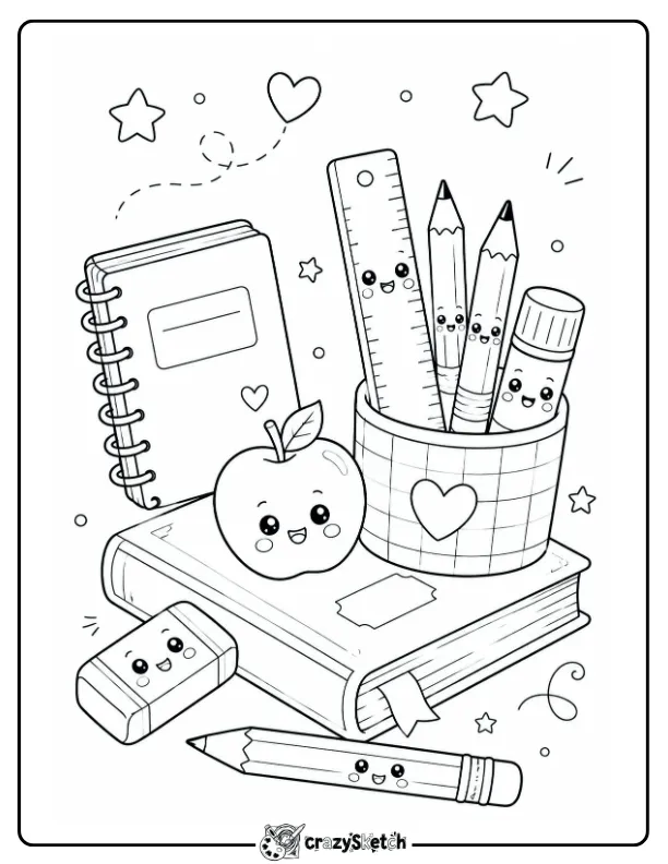 Back to School Supplies Coloring Page with Books and Pencils
