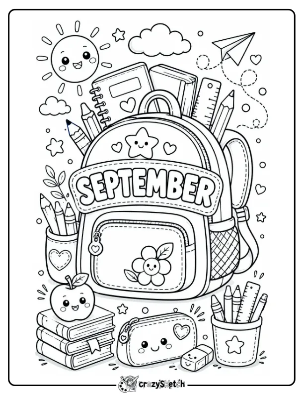 September Back to School Coloring Page with Backpack and Supplies