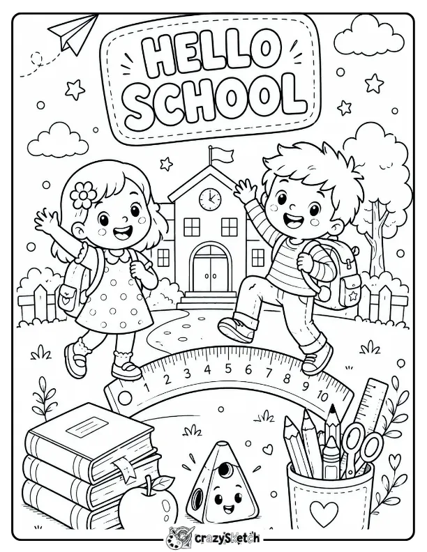 Hello School Coloring Page with Children and School Supplies