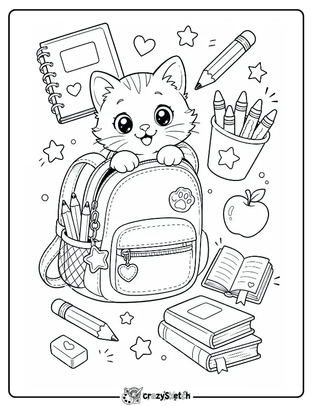 Cute Cat with Backpack Back to School Coloring Page