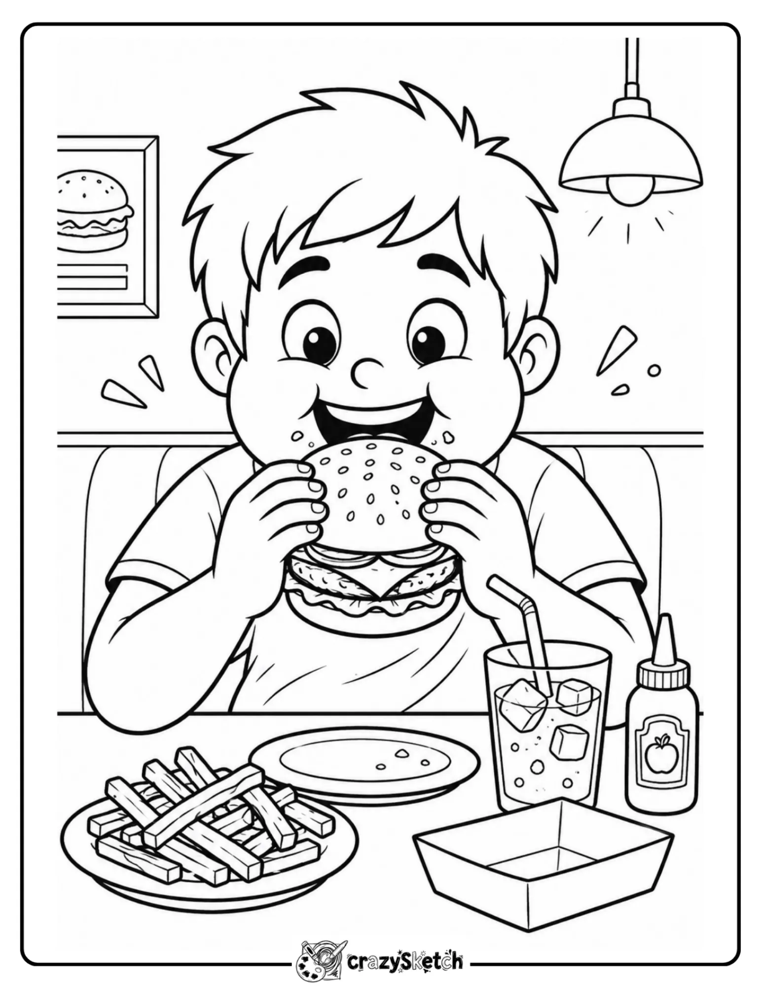 Burger coloring page with child eating a hamburger