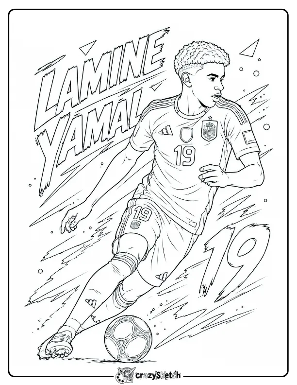 Lamine Yamal dribbling soccer coloring page