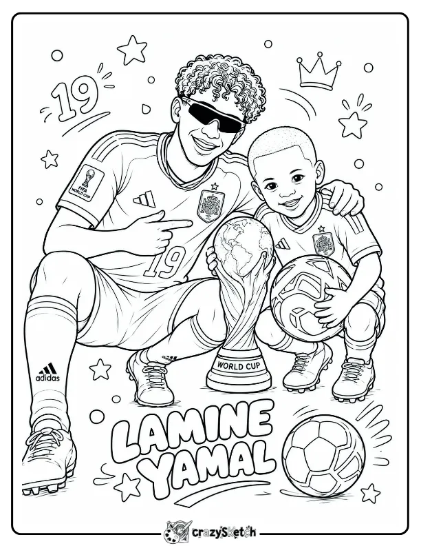 Lamine Yamal soccer coloring page with young fan